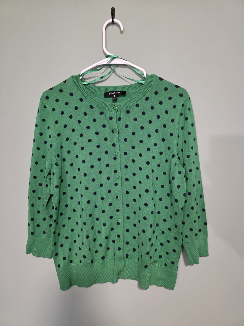 Ellen Tracy Green Cardigan with Navy Polka Dots